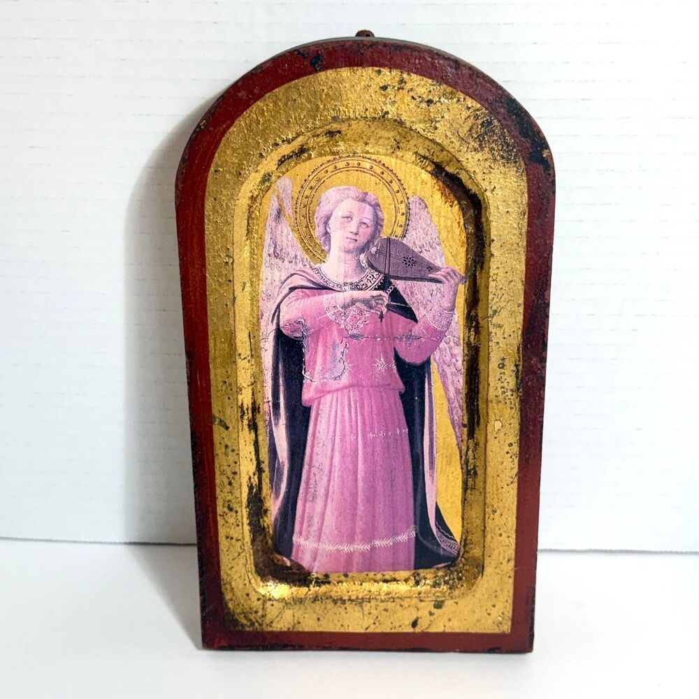 Vintage Italian Florentine Giltwood Plaque – Fra Angelico Musical Angel